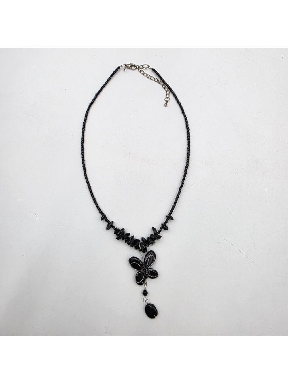 Butterfly Black Stone Chip And Glass Beaded Artisan Necklace